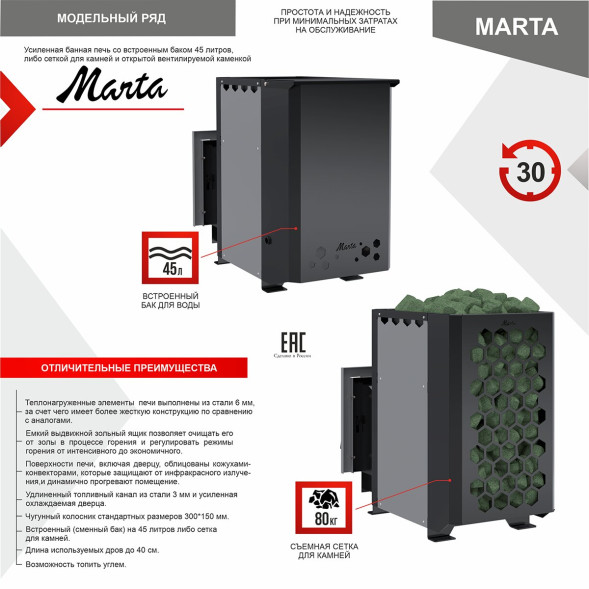 Печь-каменка со встроенным баком MARTA 20BS (Марта)